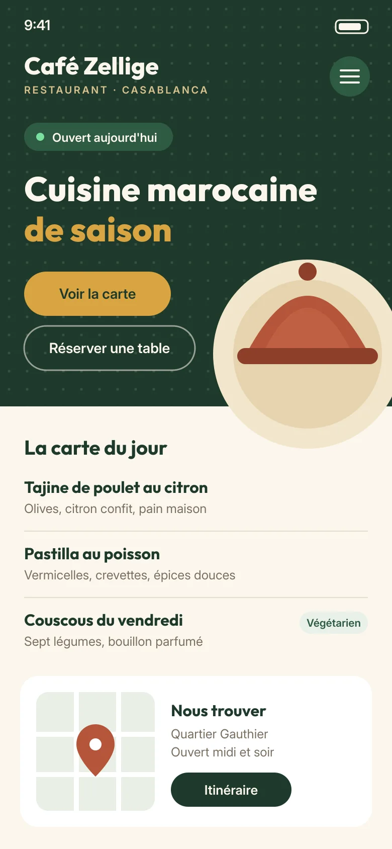 Exemple de maquette mobile pour un restaurant : carte du jour, réservation de table et itinéraire