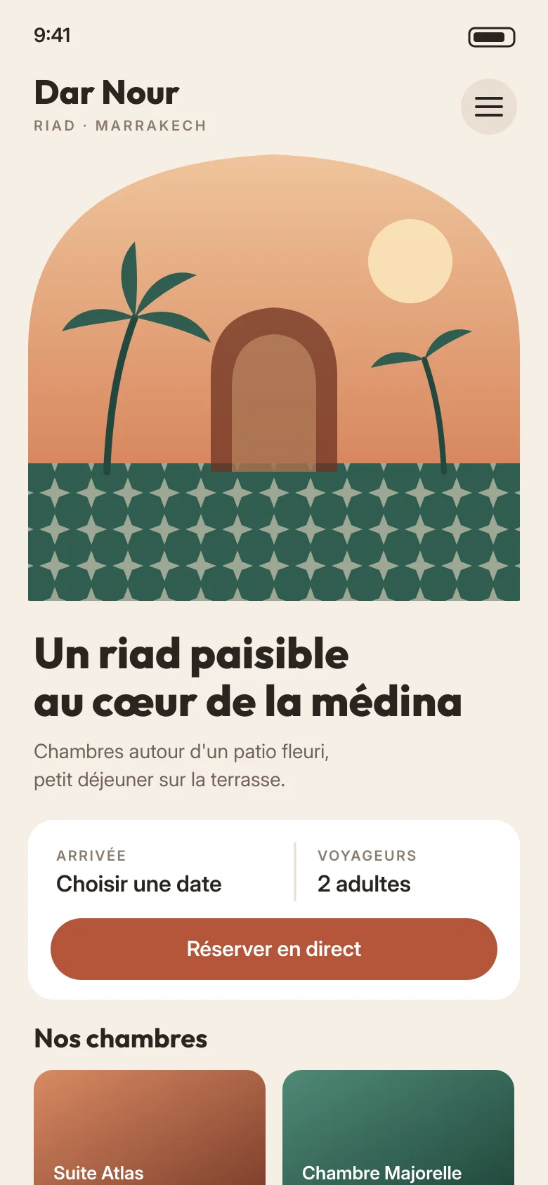 Exemple de maquette mobile pour un riad : photo du patio, réservation en direct et chambres