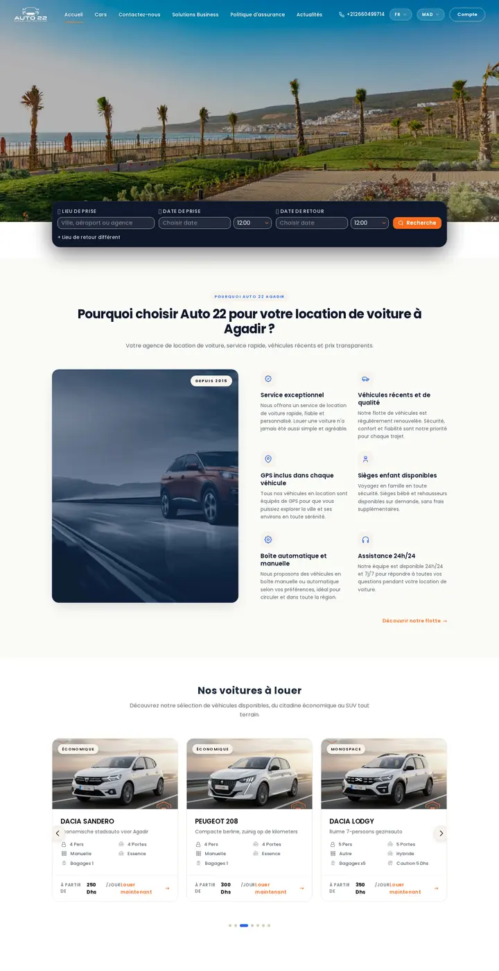 Page complète du site auto-22.ma, agence de location de voitures à Agadir