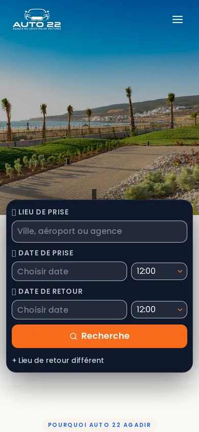 Version mobile du site auto-22.ma, agence de location de voitures à Agadir