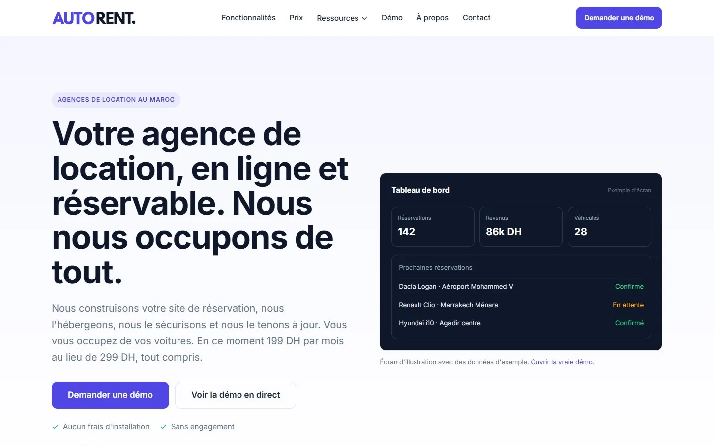 Page d'accueil du site autorent.ma, plateforme de réservation pour agences de location de voitures au Maroc