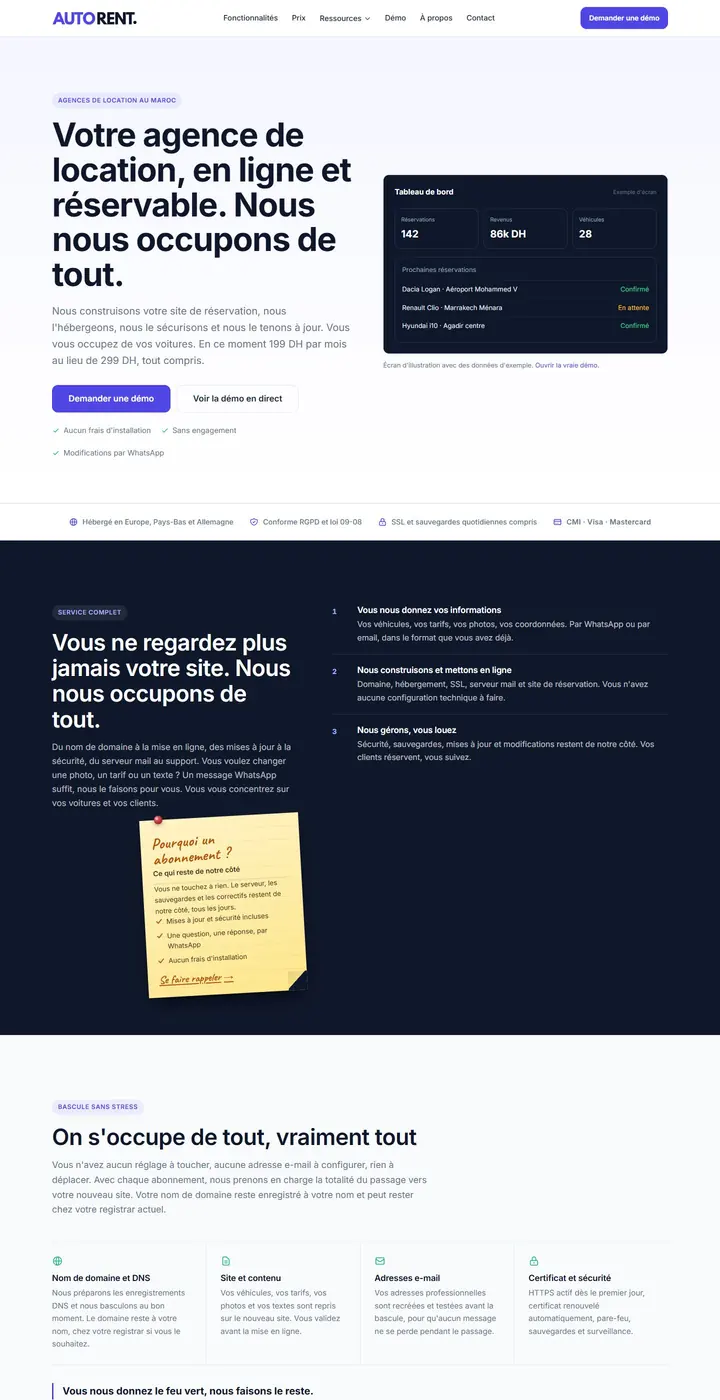 Page complète du site autorent.ma, plateforme de réservation pour agences de location de voitures au Maroc