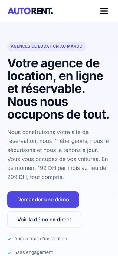 Version mobile du site autorent.ma, plateforme de réservation pour agences de location de voitures au Maroc