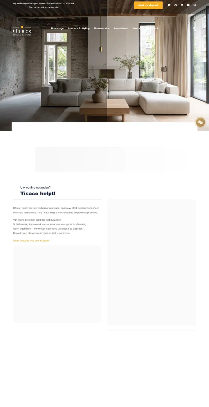Page complète du site tisaco.nl, entreprise de construction et d'aménagement intérieur à Nuth aux Pays-Bas